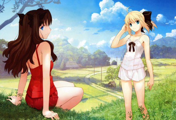 Anime picture 3228x2208 with fate (series) fate/stay night studio deen type-moon artoria pendragon (all) saber toosaka rin long hair looking at viewer highres short hair blue eyes black hair blonde hair sitting bare shoulders multiple girls absurdres sky cloud (clouds)