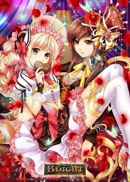 Anime picture 600x840 with magic knight armageddon zenithomocha long hair tall image blonde hair brown hair multiple girls brown eyes light smile lips inscription covered mouth girl thighhighs dress bow 2 girls petals white thighhighs food
