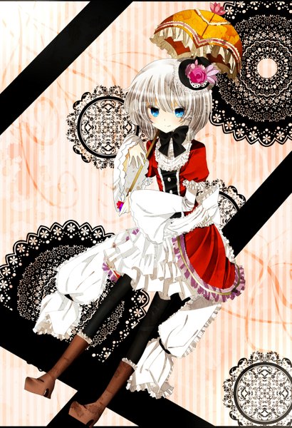 Anime picture 1049x1534 with senka shion single tall image short hair blue eyes white hair loli girl dress bow hat detached sleeves umbrella