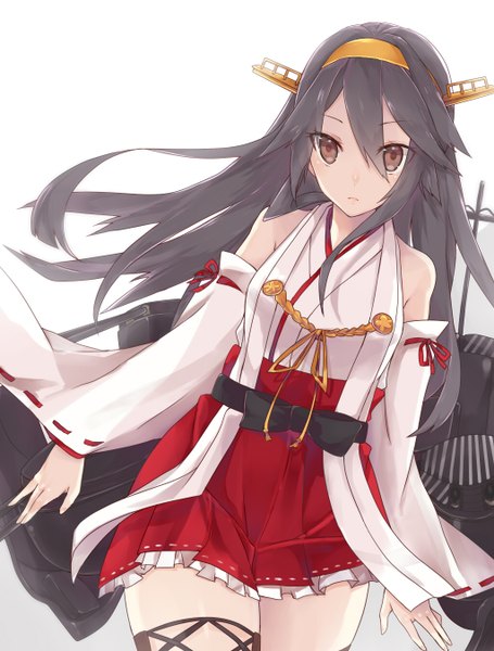 Anime picture 1024x1350 with kantai collection haruna battleship sakofu single long hair tall image looking at viewer black hair simple background hair between eyes white background bare shoulders brown eyes nontraditional miko girl hair ornament detached sleeves