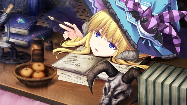 Anime picture 1280x720 with kami no rhapsody eushully single long hair blue eyes blonde hair wide image game cg horn (horns) girl hat book (books) witch hat