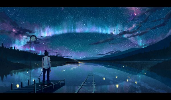 Anime picture 1200x700 with original megatruh single short hair black hair wide image standing sky cloud (clouds) night night sky back reflection letterboxed mountain boy star (stars) pants lamp railroad tracks