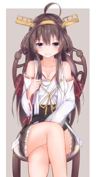 Anime picture 802x1480 with kantai collection kongou battleship mizushina minato single tall image looking at viewer blush open mouth smile sitting bare shoulders cleavage ahoge traditional clothes japanese clothes teeth crossed legs nontraditional miko girl skirt