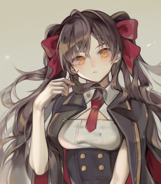 Anime picture 2000x2293 with girls frontline qbz-97 (girls frontline) minncn single long hair tall image looking at viewer fringe highres simple background hair between eyes brown hair twintails upper body head tilt grey background orange eyes clothes on shoulders girl bow