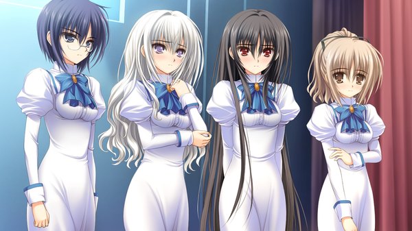 Anime picture 1024x576 with otome wa boku ni koishiteru otome wa boku ni koishiteru futari no elder kisakinomiya chihaya black hair blonde hair red eyes wide image purple eyes multiple girls brown eyes game cg silver hair otoko no ko girl boy glasses serafuku 3 girls