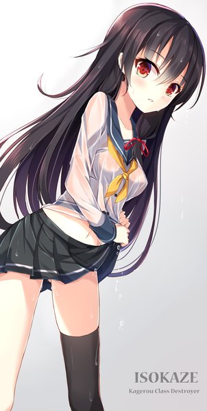 Anime picture 1510x3000 with kantai collection isokaze destroyer rin yuu single long hair tall image looking at viewer blush light erotic black hair simple background red eyes pleated skirt character names wet clothes tress ribbon wringing clothes girl thighhighs skirt