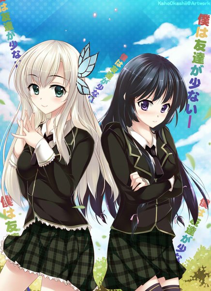 Anime picture 800x1101 with boku wa tomodachi ga sukunai kashiwazaki sena mikazuki yozora kaho okashii long hair tall image blush black hair smile purple eyes multiple girls green eyes silver hair girl skirt uniform hair ornament 2 girls school uniform butterfly hair ornament