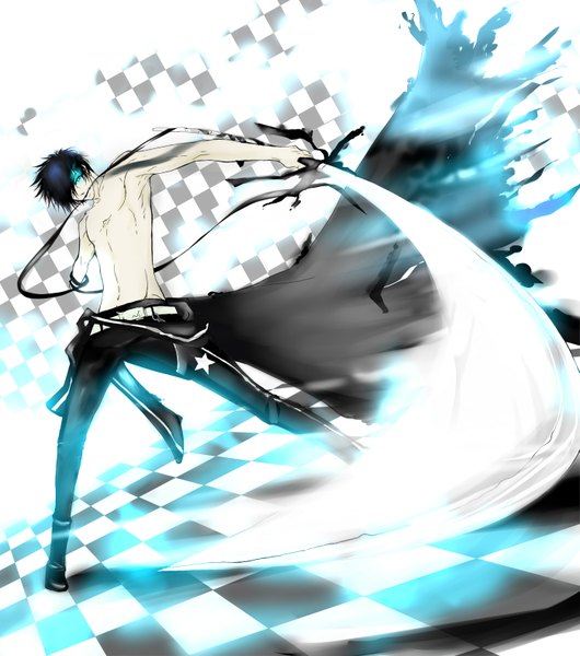Anime picture 1395x1578 with black rock shooter vocaloid kaito (vocaloid) single tall image short hair torn clothes glowing glowing eye (eyes) checkered floor cosplay checkered checkered background boy navel weapon sword