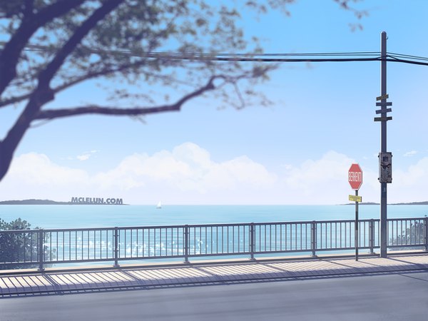 Anime picture 1280x960 with original mclelun signed sky cloud (clouds) shadow depth of field horizon no people seaside plant (plants) tree (trees) sea fence railing watercraft power lines road ship traffic sign