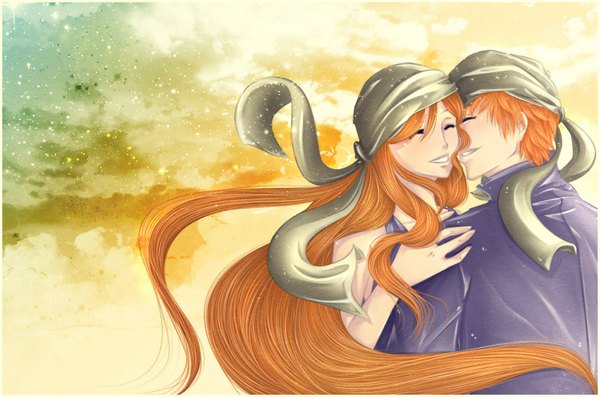 Anime picture 1000x663 with bleach studio pierrot kurosaki ichigo inoue orihime iwonn long hair short hair smile eyes closed orange hair couple girl boy