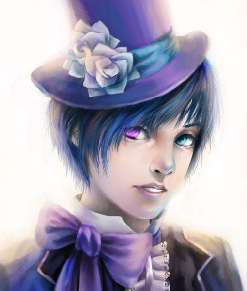 Anime picture 2978x3504 with kuroshitsuji a-1 pictures ciel phantomhive single tall image looking at viewer highres short hair black hair simple background white background heterochromia boy bow hat
