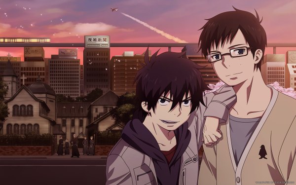 Anime picture 1280x800 with ao no exorcist a-1 pictures okumura rin okumura yukio elisadevelon looking at viewer short hair open mouth blue eyes black hair smile brown hair wide image pointy ears inscription multiple boys city twins boy glasses