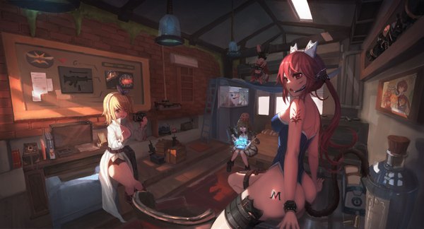 Anime picture 3000x1620 with original muttsuri long hair looking at viewer fringe highres short hair open mouth light erotic blonde hair smile hair between eyes red eyes wide image sitting multiple girls holding brown eyes looking away ass