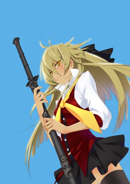 Anime picture 1240x1754 with deyezi single long hair tall image blonde hair yellow eyes orange eyes blue background girl thighhighs weapon black thighhighs sword