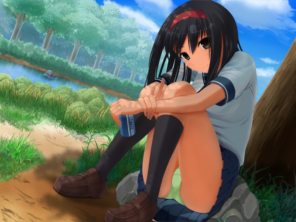 Anime picture 3200x2400 with original gogotsuchi single long hair looking at viewer highres light erotic black hair sitting brown eyes absurdres sky cloud (clouds) pantyshot sitting river girl skirt uniform underwear panties