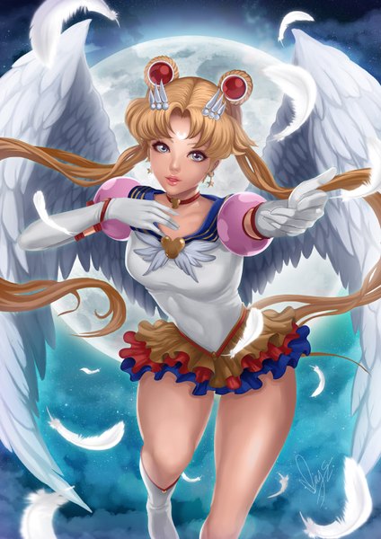 Anime picture 1100x1556 with bishoujo senshi sailor moon toei animation tsukino usagi sailor moon eternal sailor moon magion02 single tall image looking at viewer blue eyes blonde hair twintails very long hair realistic girl gloves hair ornament wings elbow gloves moon