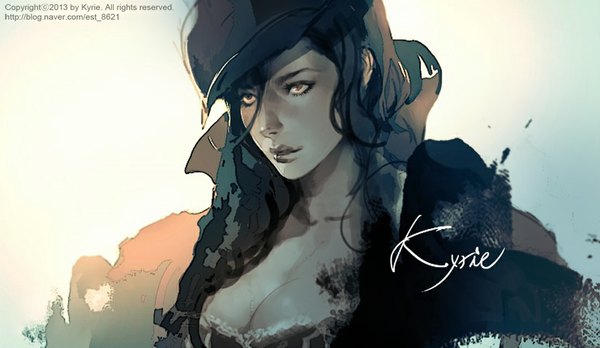 Anime picture 1100x639 with original kyrie0201 single long hair brown hair wide image signed blue hair cleavage inscription lipstick hat turtleneck