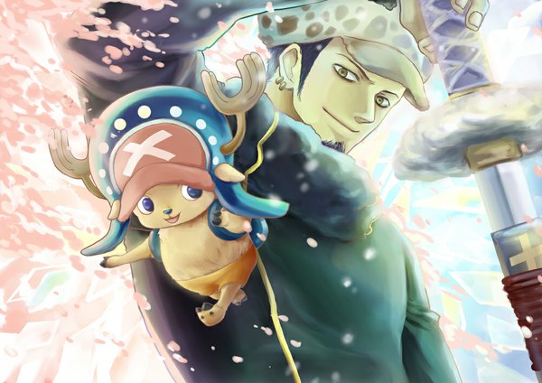 Anime picture 1000x707 with one piece toei animation tony tony chopper trafalgar law puchibuta single short hair blue eyes black hair smile yellow eyes horn (horns) piercing boy hat animal petals sword katana beard