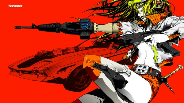 Anime picture 1920x1080 with original nagimiso single long hair highres blonde hair wide image green eyes pale skin mechanical parts girl shorts belt headphones gun ring ground vehicle knife car