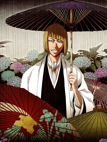 Anime picture 3254x4320 with bleach studio pierrot hirako shinji single tall image looking at viewer fringe highres short hair blonde hair smile holding absurdres traditional clothes japanese clothes wide sleeves teeth rain eyebrows smirk