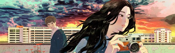 Anime picture 4096x1242 with original little thunder long hair blush fringe highres short hair black hair brown hair wide image holding brown eyes looking away sky cloud (clouds) lips eyebrows girl boy flower (flowers)