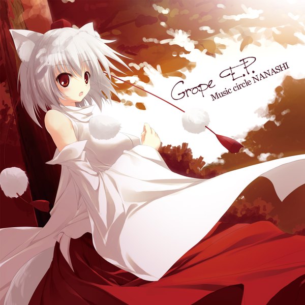 Anime picture 1654x1654 with touhou inubashiri momiji hirokazu kine (artist) single blush short hair open mouth red eyes sitting bare shoulders animal ears white hair japanese clothes girl plant (plants) hat detached sleeves tree (trees)