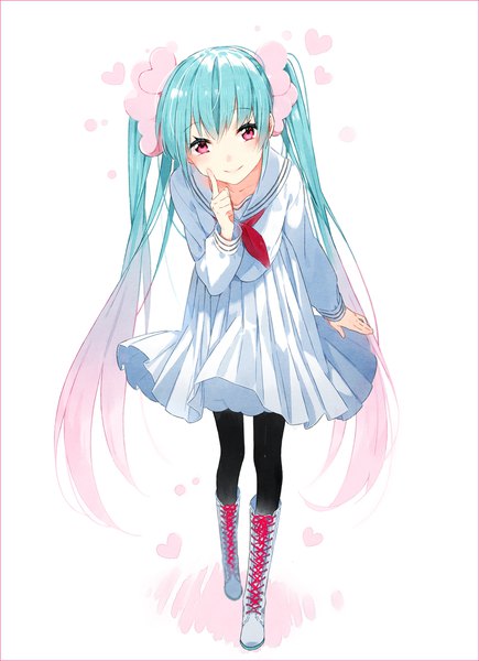 Anime picture 800x1103 with vocaloid hatsune miku hakusai (tiahszld) single tall image blush fringe simple background smile hair between eyes standing white background twintails full body very long hair pleated skirt pink eyes aqua hair leaning leaning forward