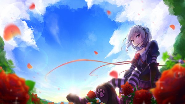 Anime picture 1920x1080 with hapymaher naitou maia yatsuashi matomo single highres short hair red eyes wide image sky cloud (clouds) white hair girl thighhighs dress flower (flowers) petals headdress rose (roses) striped thighhighs