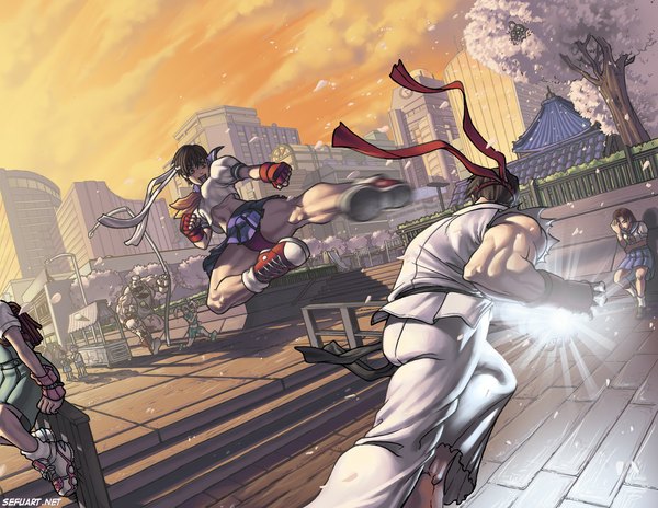 Anime picture 1165x902 with street fighter capcom ryu (street fighter) short hair brown hair cloud (clouds) cherry blossoms magic muscle battle gloves building (buildings) sneakers hachimaki