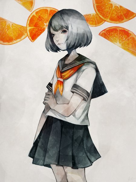 Anime picture 945x1260 with original nanakawa (nanasoon) single tall image looking at viewer fringe short hair black hair simple background pleated skirt black eyes grey background girl skirt uniform serafuku fruit orange (fruit)