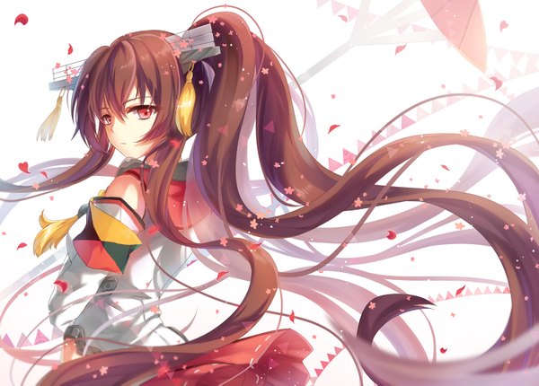 Anime picture 1500x1077 with kantai collection yamato super battleship ceru single long hair looking at viewer red eyes brown hair white background ponytail hair flower girl hair ornament flower (flowers) detached sleeves petals