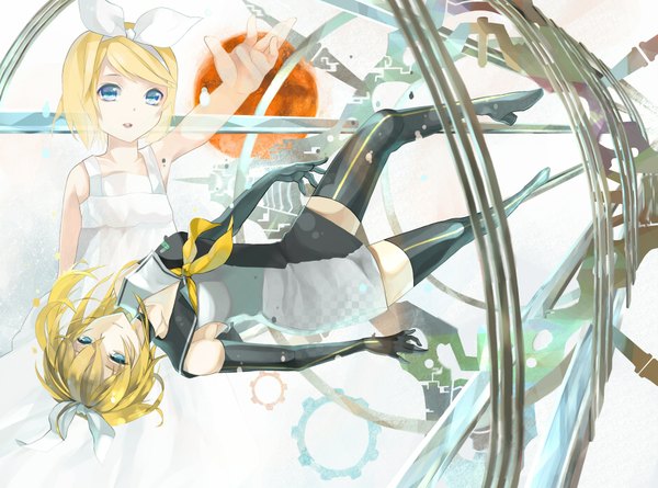 Anime picture 2019x1500 with vocaloid kagamine rin highres blue eyes blonde hair multiple girls girl thighhighs gloves 2 girls elbow gloves hairband