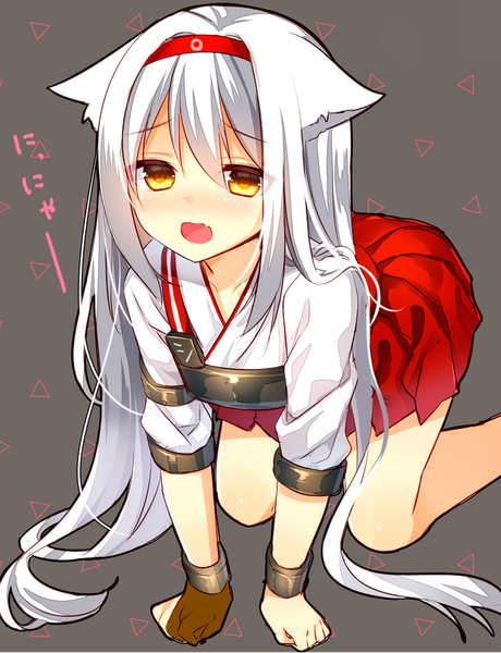 Anime picture 700x913 with kantai collection shoukaku aircraft carrier yadapot single long hair tall image blush open mouth animal ears yellow eyes silver hair white hair traditional clothes japanese clothes cat ears grey background fang (fangs) text on all fours kemonomimi mode