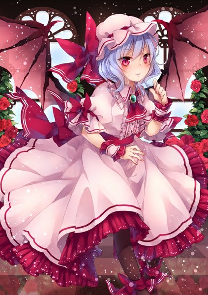 Anime picture 595x842 with touhou remilia scarlet toutenkou single tall image blush fringe short hair standing looking away purple hair pink eyes fingernails short sleeves embarrassed checkered floor bat wings floor checkered girl