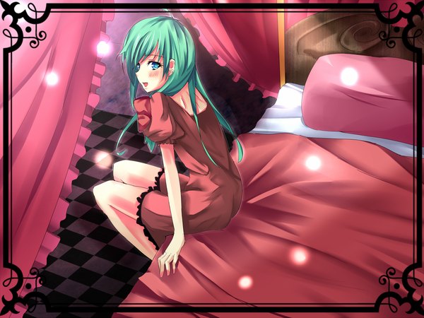 Anime picture 1200x900 with touhou kagiyama hina long hair blue eyes looking back green hair checkered floor checkered girl pillow bed