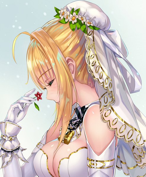 Anime picture 880x1070 with fate (series) fate/grand order fate/extra fate/extra ccc nero claudius (fate) (all) nero claudius (fate) nero claudius (bride) (fate) aimee (origin) single tall image blush fringe breasts light erotic simple background blonde hair smile large breasts holding payot