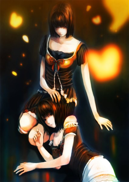 Anime picture 836x1180 with fatal frame amakura mio amakura mayu gausu tall image looking at viewer short hair brown hair sitting bare shoulders multiple girls short sleeves kneeling looking down hand on head girl skirt bow 2 girls