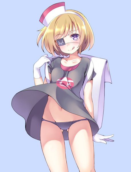 Anime picture 645x845 with tagme (character) shouni (sato3) single tall image blush fringe short hair light erotic simple background blonde hair smile purple eyes girl gloves navel underwear panties white gloves tongue eyepatch