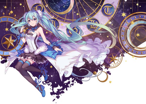Anime picture 1400x995 with 7th dragon 2020 vocaloid hatsune miku ouu min single looking at viewer fringe smile hair between eyes twintails purple eyes bare shoulders full body very long hair aqua hair constellation girl thighhighs skirt ribbon (ribbons)