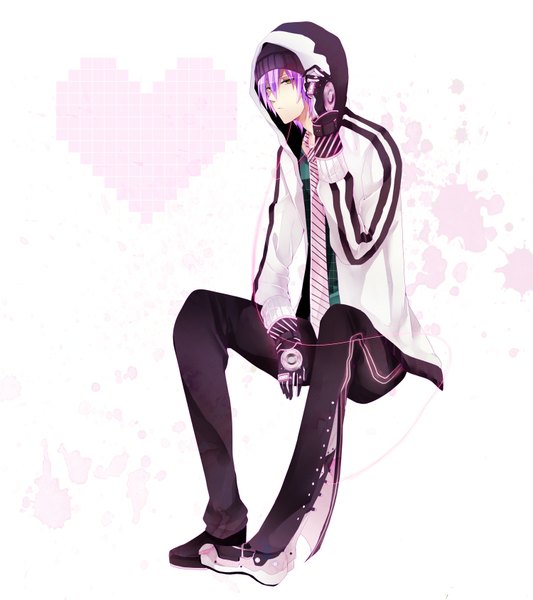 Anime picture 1500x1688 with vocaloid vy2 66 (roro) tagme (artist) single tall image short hair simple background white background sitting purple eyes green eyes looking away boy sweater hoodie wire (wires)