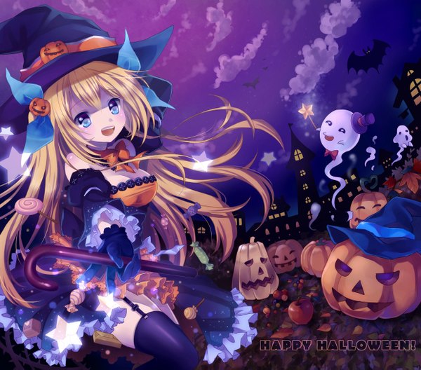 Anime picture 1240x1093 with microsoft aizawa hikaru mauve single long hair looking at viewer blush open mouth blue eyes blonde hair cloud (clouds) night halloween ghost witch happy halloween girl thighhighs dress hair ornament
