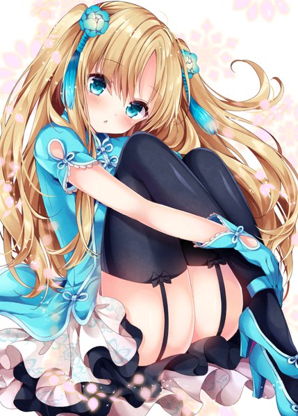 Anime picture 700x979 with original nogi takayoshi single long hair tall image looking at viewer blush fringe light erotic blonde hair simple background bent knee (knees) head tilt aqua eyes short sleeves high heels two side up girl thighhighs gloves