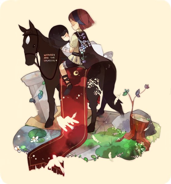 Anime picture 1300x1400 with shadow of the colossus wander agro mono rinju umisu tall image black hair white background red hair eyes closed chibi girl boy plant (plants) animal coat pillar column horse poncho