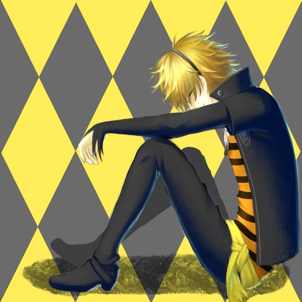 Anime picture 1500x1500 with amnesia idea factory toma (amnesia) shiromafu single blush short hair blonde hair smile sitting eyes closed long sleeves open clothes open jacket yellow background checkered background skinny boy hair ornament hairband