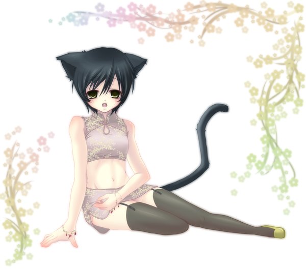 Anime picture 1700x1500 with original kyrie (artist) highres short hair open mouth black hair green eyes animal ears animal tail cat ears cat girl cat tail girl thighhighs navel black thighhighs