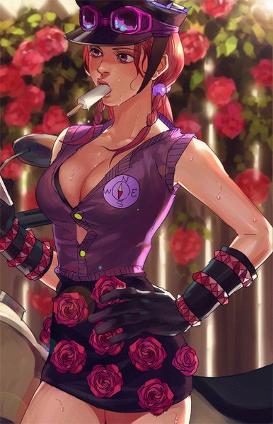 Anime picture 800x1243 with jojo no kimyou na bouken jojolion hirose yasuho emg (christain) single long hair tall image breasts light erotic large breasts holding looking away pink hair cleavage pink eyes blurry sleeveless hand on hip mouth hold goggles on head