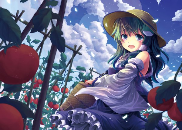 Anime picture 1200x854 with touhou kochiya sanae niichi (komorebi-palette) single looking at viewer fringe open mouth holding green eyes sky cloud (clouds) traditional clothes green hair happy girl hair ornament hat detached sleeves petals snake