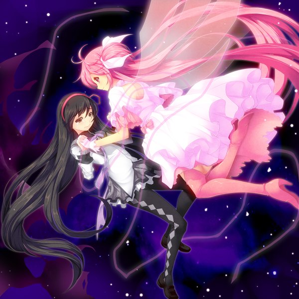 Anime picture 1500x1500 with mahou shoujo madoka magica shaft (studio) akemi homura kaname madoka goddess madoka koflif long hair black hair twintails multiple girls brown eyes pink hair pink eyes tears holding hands girl dress gloves 2 girls wings