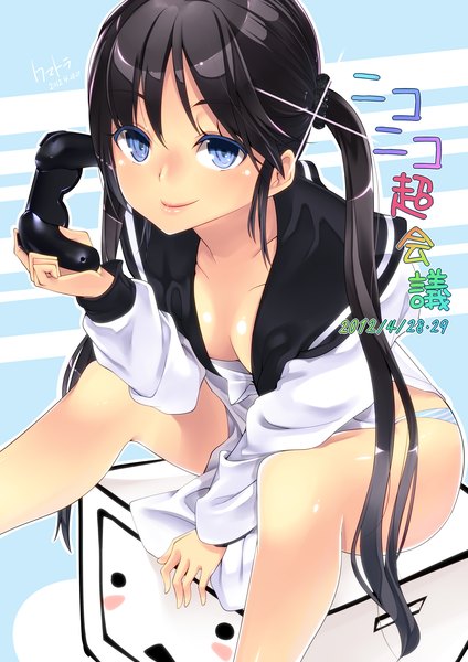Anime picture 2893x4092 with original amasora taichi single long hair tall image highres blue eyes light erotic black hair smile sitting twintails girl shirt
