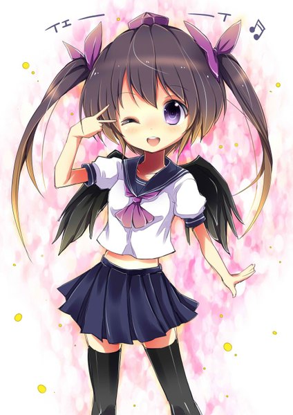 Anime picture 1018x1440 with touhou himekaidou hatate uta (kuroneko) single long hair tall image looking at viewer blush open mouth black hair smile brown hair standing white background purple eyes twintails pleated skirt one eye closed multicolored hair wink